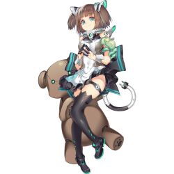 Rule 34 | 1girl, 2others, animal ears, aqua eyes, artist request, back bow, bare arms, bare shoulders, bear ears, black footwear, black thighhighs, blunt bangs, bow, breasts, brown hair, cable, cable tail, closed mouth, collar, dress, fake tail, final gear, full body, grey collar, grey wrist cuffs, hair ornament, highres, leg up, looking at viewer, mechanical arms, mechanical hands, mechanical legs, mechanical tail, medium breasts, memay (final gear), monster, multiple others, non-humanoid robot, official art, robot, robot animal, robot girl, short hair, sidelocks, simple background, smile, solo, striped bow, tachi-e, tail, thigh strap, thighhighs, third-party source, transparent background, twintails, two-tone bow, vertical-striped bow, white dress