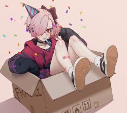 Rule 34 | 1girl, absurdres, arm rest, bandaid, bandaid on leg, black choker, black hoodie, blush, bow, box, cardboard box, choker, collarbone, commentary, confetti, dutch angle, ear piercing, ear spike, english commentary, english text, eyelashes, feet up, foreshortening, hair bow, hair ornament, hair over one eye, hand up, hat, highres, hood, hoodie, in box, in container, k-rha&#039;s, knees up, legs, medium hair, mouth hold, o-ring, o-ring choker, original, parted bangs, party hat, party horn, piercing, pink hair, red eyes, red hoodie, ringed eyes, shiny skin, shoes, unworn shoes, side ponytail, sidelocks, sitting, sleeves past wrists, sneakers, socks, solo, sweatdrop, tan background, thighs, violett (k-rha), white socks, x hair ornament