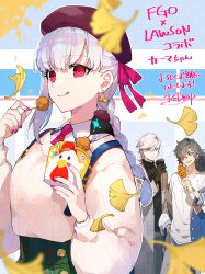 Rule 34 | 1girl, 2boys, absurdres, beret, black gloves, black hair, black sweater, blush, braid, braided ponytail, breasts, brown eyes, corn dog, cup, disposable coffee cup, disposable cup, earrings, fate/grand order, fate (series), gloves, green skirt, grey eyes, grey jacket, hair over one eye, hair ribbon, hat, highres, jacket, jewelry, kama (fate), karna (fate), large breasts, licking lips, long hair, long sleeves, looking at viewer, multiple boys, okada izou (fate), ponytail, purple headwear, red eyes, redrop, ribbon, shirt, short hair, skirt, smile, sweater, swept bangs, tongue, tongue out, translation request, white hair, white shirt, white sweater
