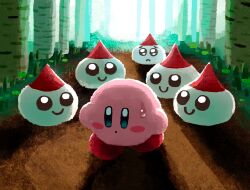 Rule 34 | aruco co, birch tree, bloom, blue eyes, blush, blush stickers, closed mouth, forest, frown, grass, highres, kirby, kirby (series), looking at another, nature, nervous, nintendo, no humans, outdoors, path, pleading eyes, raised eyebrows, road, shadow, smile, sweatdrop, tick (kirby), tree, walking