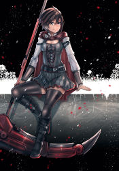 Rule 34 | 1girl, advarcher, black thighhighs, boots, breasts, brown hair, cleavage, cloak, crescent rose, dress, grey eyes, highres, hood, hooded cloak, long sleeves, pleated skirt, ruby rose, rwby, scythe, short hair, skirt, smile, solo, thighhighs, zettai ryouiki