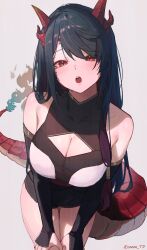 Rule 34 | 1girl, :o, aqua hair, black bridal gauntlets, black hair, black shorts, breasts, bridal gauntlets, character request, cleavage, commission, copyright request, cropped legs, dragon horns, dragon tail, fire, highres, horns, large breasts, leotard, light blush, looking at viewer, mole, mole on thigh, red eyes, red hair, scales, shorts, sidelocks, signature, skeb commission, slit pupils, sooon, swept bangs, tail, virtual youtuber, white background