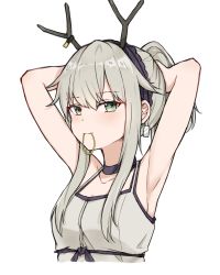 Rule 34 | 1girl, absurdres, antlers, arknights, armpits, arms up, breasts, camisole, chinese commentary, choker, cropped torso, deer antlers, deer girl, earrings, firewatch (arknights), green eyes, grey hair, hair between eyes, hair tie, hair tie in mouth, hairband, highres, holding, holding hair, horns, jewelry, long hair, looking at viewer, mango (mgo), mouth hold, ponytail, sidelocks, simple background, small breasts, solo, tying hair, upper body, white background