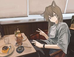 Rule 34 | 1girl, absurdres, animal ears, black pants, brown hair, cafe, cat ears, chair, cup, double-parted bangs, drinking glass, food, grey eyes, hair between eyes, highres, indoors, looking at viewer, original, pants, plate, pudding, restaurant, scenery, shirt, sitting, spoon, t-shirt, table, v, watch, white shirt, wristwatch, zumochi