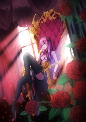 Rule 34 | 1girl, absurdres, bad id, bad pixiv id, blue eyes, bracelet, breasts, chair, cleavage, curtains, female focus, flower, garter straps, hair flower, hair ornament, high heels, highres, jewelry, long hair, medium breasts, megurine luka, open clothes, petals, pink hair, puuzaki puuna, rose, serious, shoes, sitting, solo, thighhighs, throne, vocaloid