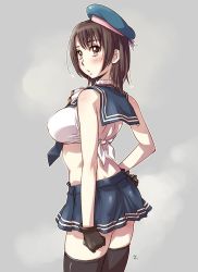 Rule 34 | 10s, 1girl, alternate costume, bandeau, beret, black gloves, black thighhighs, blush, body blush, breasts, brown eyes, brown hair, covered erect nipples, from side, gloves, grey background, hand on own hip, hat, huge breasts, kantai collection, necktie, sailor collar, sameha ikuya, shirt, sleeveless, sleeveless shirt, solo, takao (kancolle), thighhighs, zettai ryouiki
