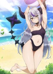 Rule 34 | 1girl, armpits, ball, beach, beachball, blush, breasts, choker, collarbone, demon girl, demon horns, gluteal fold, grey hair, hair between eyes, highres, hololive, horns, la+ darknesss, leaf, long hair, looking at viewer, multicolored hair, naoillus, navel, one-piece swimsuit, outdoors, pointy ears, purple hair, small breasts, solo, stomach, streaked hair, striped horns, swimsuit, tail, thick thighs, thighs, very long hair, virtual youtuber, yellow eyes