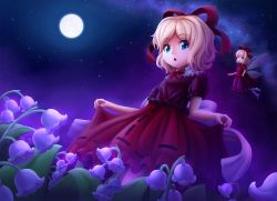 Rule 34 | 1girl, blonde hair, blue eyes, bow, collar, flower, frilled collar, frilled skirt, frilled sleeves, frills, from below, full moon, hair ribbon, highres, leaf, lily of the valley, looking at viewer, medicine melancholy, milky way, moon, nameless hill, neck ribbon, night, night sky, open mouth, outdoors, puffy short sleeves, puffy sleeves, red bow, red ribbon, ribbon, sash, short hair, short sleeves, skirt, skirt hold, skirt set, sky, solmyr2000, solo, star (sky), starry sky, su-san, touhou, white bow, wings