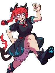 Rule 34 | 1girl, absurdres, animal ear piercing, animal ears, black dress, black footwear, blush, braid, cat ears, cat tail, commentary, dress, eddybird55555, extra ears, highres, kaenbyou rin, long hair, multiple tails, open mouth, pointy ears, red eyes, red hair, short sleeves, side braids, simple background, skull, solo, tail, touhou, twin braids, two tails, white background
