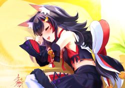 Rule 34 | 1girl, akaya shiki, animal ear fluff, animal ears, black hair, black skirt, choker, closed mouth, dated, detached sleeves, hair ornament, hairclip, highres, holding, hololive, midriff, multicolored hair, ookami mio, ookami mio (1st costume), open mouth, red choker, signature, skirt, sleeping, solo, tail, tail around own leg, thighhighs, virtual youtuber, white thighhighs, wolf ears, wolf girl, wolf tail