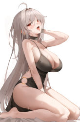 Rule 34 | 1girl, ahoge, armpits, barefoot, black choker, black dress, breasts, choker, cleavage, commentary, commission, copyright request, dress, fang, grey hair, hair between eyes, highres, k pring, large breasts, long hair, looking at viewer, no bra, no panties, o-ring, o-ring dress, open mouth, pelvic curtain, pointy ears, red eyes, simple background, sitting, smile, solo, sweat, thighs, tongue, tongue out, very long hair, wariza, white background
