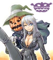 Rule 34 | 1girl, amania orz, blue eyes, blue hair, bodysuit, breasts, center opening, cleavage, closed mouth, collar, collarbone, devil summoner, happy halloween, large breasts, lipstick, long hair, looking at viewer, makeup, nemissa, one eye closed, pyro jack, smile, soul hackers, zipper