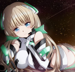 Rule 34 | 1girl, angela balzac, ass, bad id, bad pixiv id, bare shoulders, black gloves, blonde hair, blue eyes, blush, breasts, cowboy shot, elbow gloves, from side, gloves, glowing, green eyes, hair ornament, hair spread out, halterneck, hand on own cheek, hand on own face, head rest, head tilt, headgear, highleg, highleg leotard, impossible clothes, impossible leotard, jet yowatari, large breasts, leotard, light smile, long hair, looking at viewer, low twintails, lying, neon trim, on stomach, rakuen tsuihou, sky, smile, solo, star (sky), starry sky, turtleneck, twintails