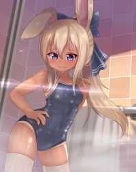 Rule 34 | 1girl, animal ears, blonde hair, blue bow, blue eyes, bow, competition school swimsuit, cowboy shot, from below, hair bow, hand on own hip, hotel01, long hair, one-piece swimsuit, one-piece tan, original, ponytail, rabbit ears, school swimsuit, shower (place), solo, swimsuit, tan, tanline, thighhighs, towel, white thighhighs