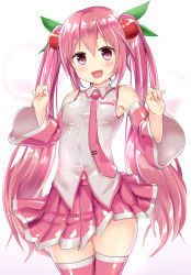 Rule 34 | 1girl, :d, bare shoulders, blush, breasts, cherry hair ornament, commentary request, cowboy shot, detached sleeves, fingernails, food-themed hair ornament, hair ornament, hands up, hatsune miku, head tilt, highres, long hair, long sleeves, looking at viewer, naka (cheeseyeast), necktie, open mouth, pink hair, pink necktie, pink skirt, pink sleeves, pink thighhighs, pleated skirt, red eyes, sakura miku, shiny clothes, shirt, skirt, sleeveless, sleeveless shirt, small breasts, smile, solo, thighhighs, tie clip, twintails, very long hair, vocaloid, white shirt, wide sleeves