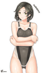 Rule 34 | 1girl, absurdres, alternate costume, artist logo, black hair, character name, competition swimsuit, covered navel, cowboy shot, crossed arms, embarrassed, gluteal fold, grey one-piece swimsuit, hair ornament, hairclip, highres, kantai collection, kuroshio (kancolle), looking at viewer, notchi, one-piece swimsuit, short hair, simple background, solo, standing, swimsuit, white background, yellow eyes