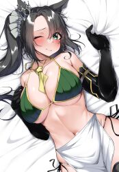Rule 34 | 1girl, absurdres, animal ears, aqua eyes, bed sheet, bikini, black gloves, black thighhighs, breasts, cleavage, commentary request, commission, crown, elbow gloves, gloves, green bikini, highres, horse ears, horse girl, kshimu, large breasts, long hair, looking at viewer, lying, maid, maid bikini, navel, necktie, on back, one eye closed, ponytail, satono crown (umamusume), sheet grab, skeb commission, solo, swimsuit, thighhighs, umamusume, unconventional maid, yellow necktie