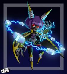 Rule 34 | 1girl, absurdres, artist name, black cape, blue background, blunt bangs, bob cut, border, breasts, cape, claws, commentary, dark-skinned female, dark skin, dynatron (mighty no. 9), electricity, english commentary, floating, floating object, full body, glowing, glowing eyes, gradient background, hand up, highres, horns, jackintaro, joints, light bulb, looking at viewer, medium breasts, mighty no. 9, mitsudomoe (shape), no feet, open mouth, purple hair, red eyes, robot, robot girl, robot joints, see-through body, sharp teeth, short hair, simple background, smile, solo, teeth, tomoe (symbol), two-tone cape, very dark skin, white border, yellow cape, yellow horns