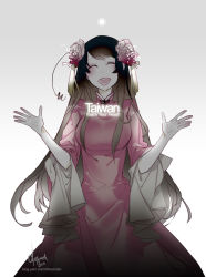 Rule 34 | 1girl, ^ ^, ahoge, antenna2669, antenna (draconian), arms up, axis powers hetalia, blush, breasts, brown hair, character name, chinese clothes, closed eyes, dress, english text, flower, hair flower, hair ornament, happy, large breasts, long hair, monochrome, open mouth, plum blossoms, simple background, skirt, sleeves pushed up, smile, solo, spot color, swept bangs, taiwan (hetalia), teeth, text focus, very long hair