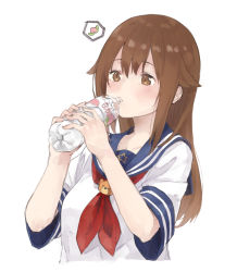 Rule 34 | 1girl, aged down, alternate eye color, ankimo (tokino sora), bottle, breasts, brown eyes, brown hair, collarbone, drinking, flavored water, food, fruit, hair flaps, hands up, highres, holding, holding bottle, hololive, kase (kurimuzone oruta), large breasts, neckerchief, peach, plastic bottle, sailor collar, school uniform, sidelocks, simple background, solo, spoken peach, tokino sora, tokino sora (old design), upper body, virtual youtuber, white background