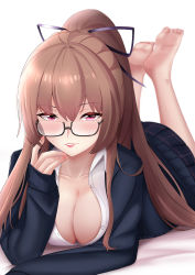 Rule 34 | 1girl, azur lane, barefoot, black ribbon, blue jacket, blue skirt, braid, breasts, cleavage, commentary request, crown braid, feet, glasses, hair ribbon, twirling hair, highres, jacket, large breasts, legs, lenxiao, light brown hair, long hair, looking at viewer, lying, on stomach, partially unbuttoned, pleated skirt, purple eyes, ribbon, shirt, simple background, skirt, solo, swiftsure (azur lane), swiftsure (study hall cyclamen) (azur lane), very long hair, white background, white shirt