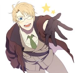 Rule 34 | 1boy, :d, ;), ;d, america (hetalia), axis powers hetalia, bad id, bad pixiv id, blonde hair, blue eyes, blush stickers, bomber jacket, brown gloves, dashi (minzoku gb), from above, glasses, gloves, green necktie, jacket, male focus, military, military uniform, necktie, one eye closed, open clothes, open jacket, open mouth, outstretched hand, smile, solo, star (symbol), uniform