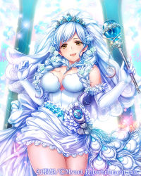 Rule 34 | 1girl, blue hair, breasts, brown eyes, cleavage, commentary, copyright name, crown, dress, elbow gloves, flower, fumi (butakotai), fur trim, gloves, hair flower, hair ornament, holding, indoors, jewelry, large breasts, long hair, looking at viewer, maboroshi juuhime, open mouth, scepter, short dress, smile, solo, sparkle, veil, white dress, white gloves