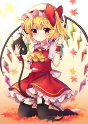 Rule 34 | 1girl, absurdres, ascot, autumn leaves, black thighhighs, blonde hair, closed mouth, flandre scarlet, full body, garter straps, gradient background, hat, highres, holding, kneeling, laevatein, leaf, long hair, looking at viewer, mob cap, one eye closed, orange background, puffy short sleeves, puffy sleeves, red eyes, red skirt, ruhika, short sleeves, skirt, skirt set, smile, solo, thighhighs, touhou, very long hair, white background, wings, wrist cuffs
