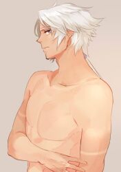 Rule 34 | 1boy, expressionless, final fantasy, final fantasy i, from side, furrowed brow, hand on own arm, highres, long hair, male focus, nini tw99, ponytail, purple eyes, simple background, solo, standing, tan, tanline, topless male, warrior of light (ff1), white hair