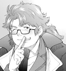 Rule 34 | 1boy, blush, coat, collared shirt, commentary request, finger to mouth, formal, glasses, grey background, greyscale, grin, hatching (texture), jacket, lapels, licht (housamo), linear hatching, low ponytail, male focus, medium hair, monochrome, necktie, notched lapels, one eye closed, satou shouhei, screentones, semi-rimless eyewear, shirt, shushing, smile, tokyo houkago summoners, upper body