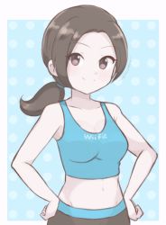 Rule 34 | 1girl, chocomiru, closed mouth, crop top, grey hair, grey pants, hands on own hips, looking at viewer, midriff, nintendo, open clothes, open shirt, pale skin, pants, polka dot, polka dot background, ponytail, smile, solo, super smash bros., tank top, wii fit, wii fit trainer, wii fit trainer (female)