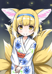 Rule 34 | 1girl, alternate costume, animal ears, arknights, blonde hair, blue hairband, blush, braid, braided hair rings, closed mouth, colored tips, commentary, cowboy shot, floral print, fox ears, fox girl, fox tail, hair rings, hairband, highres, japanese clothes, kimono, kitsune, kyuubi, long sleeves, looking at viewer, multicolored hair, multiple tails, nasumikan (nodoame241), print kimono, short hair, smile, solo, split mouth, suzuran (arknights), tail, twin braids, two-tone hair, white hair, white kimono, yellow eyes