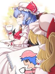 Rule 34 | 1girl, 2girls, blonde hair, blue hair, child&#039;s drawing, closed eyes, closed mouth, commentary request, crayon, cup, drawing, fang, flandre scarlet, hat, hat ribbon, highres, holding, holding cup, medium hair, mob cap, multiple girls, pechimaru, pink headwear, pink shirt, pink skirt, pointy ears, puffy short sleeves, puffy sleeves, red ribbon, red vest, remilia scarlet, ribbon, shirt, short hair, short sleeves, siblings, side ponytail, sisters, skirt, smile, sparkle, teacup, touhou, vest, white headwear, white shirt