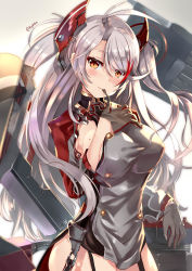 Rule 34 | 1girl, azur lane, blush, breasts, brown eyes, closed mouth, cowboy shot, garter straps, grey hair, hand up, large breasts, long hair, looking at viewer, military, military uniform, mole, mole on breast, multicolored hair, prinz eugen (azur lane), red hair, rigging, sideboob, smile, solo, streaked hair, twitter username, two side up, uniform, wavy hair, xephonia
