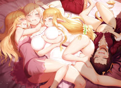 Rule 34 | 4girls, age difference, ahoge, ass, bare legs, barefoot, black bra, black hair, black panties, blonde hair, blush, bra, breasts, chemise, choker, christina (tanaka the wizard), drooling, edita (tanaka the wizard), ester fitz clarence, closed eyes, fang, fingernails, girl sandwich, highres, large breasts, long hair, low-tied long hair, lying, m-da s-tarou, multiple girls, nail polish, novel illustration, official art, on back, panties, pointy ears, sandwiched, see-through, sharp fingernails, sharp teeth, side-tie panties, sidelocks, sleeping, small breasts, sophia (tanaka the wizard), string panties, tail, tanaka the wizard, teeth, underwear, yellow panties