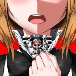 Rule 34 | 10s, 1girl, beatrice (princess principal), black bow, black bowtie, blush, bow, bowtie, brown hair, ceijin, clenched hand, close-up, collar, commentary, female focus, gears, head out of frame, muscular, open mouth, princess principal, red background, school uniform, solo