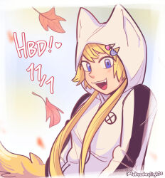 Rule 34 | 1girl, animal ears, blonde hair, blue eyes, blush, commentary, english commentary, food-themed hair ornament, fox ears, fox girl, fox tail, hair ornament, happy birthday, highres, hood, hood up, hooded jacket, ice cream hair ornament, jacket, kemono jihen, kon (kemono jihen), leaf, long hair, looking at viewer, open mouth, smile, solo, tail, tokyodaylights, twitter username, upper body, white jacket