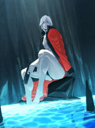 Rule 34 | ass, capcom, cave, coat, dante (devil may cry), devil may cry (series), gun, legs, male focus, muscular, pool, trench coat, underwear, water, weapon, white hair