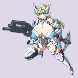 Rule 34 | 1girl, absurdres, assault rifle, blonde hair, blue eyes, blush, breasts, cleavage, commission, covered erect nipples, curvy, cyborg, di allez series, full body, gun, hairband, headgear, highres, huge breasts, joints, long hair, looking to the side, navel, phantasy star, phantasy star online 2, phantasy star online 2 new genesis, rifle, robot joints, sankakukin gear, second-party source, skeb commission, smile, solo, thick thighs, thighs, very long hair, weapon