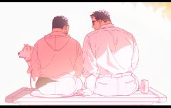 Rule 34 | 2boys, absurdres, ass, back, bara, belt, brown hair, can, collared shirt, couple, dog, facial hair, from behind, glasses, highres, hood, hoodie, light smile, limited palette, looking at another, lovesheng1314, male focus, multiple boys, muscular, original, pants, partially colored, pink hoodie, shirt, short hair, sideburns, sitting, sketch, stubble, white shirt