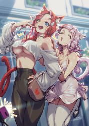 Rule 34 | 2girls, animal ears, bag, blue eyes, blurry, blurry foreground, breasts, camera phone, casual, cat ears, cat tail, closed eyes, facial mark, fang, final fantasy, final fantasy xiv, green eyes, handbag, heterochromia, highres, kionaoki, large breasts, long hair, miqo&#039;te, motion blur, multicolored hair, multiple girls, no bra, open mouth, pink hair, red hair, sabrith ebonclaw, scar, scar across eye, scar on face, scar on nose, slit pupils, surprised, tail, tayelle ebonclaw, thighhighs, two-tone hair, underboob, warrior of light (ff14), whisker markings, white legwear