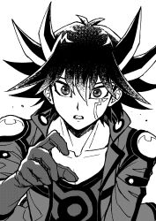 Rule 34 | 1boy, absurdres, black hair, black shirt, facial mark, facial tattoo, fudo yusei, gloves, greyscale, high collar, highres, jacket, looking at viewer, male focus, marking on cheek, monochrome, open clothes, open jacket, open mouth, reaching, reaching towards viewer, screentones, shirt, short hair, shoulder pads, simple background, solo, spiked hair, surprised, tattoo, upper body, youko-shima, yu-gi-oh!, yu-gi-oh! 5d&#039;s