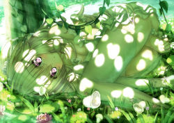 Rule 34 | 1girl, bad id, bad pixiv id, bare shoulders, between legs, blush, breasts, covering privates, covering crotch, dappled sunlight, flower, green theme, hand between legs, ivy, leaf, light rays, long hair, looking at viewer, lying, md5 mismatch, no panties, on side, original, partially submerged, pink eyes, revision, solo, sunbeam, sunlight, thighhighs, tree shade, wataru (zazazazazazawa), water, white hair, white thighhighs