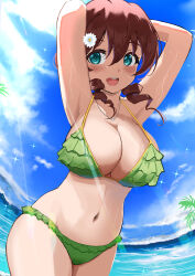 Rule 34 | 1girl, absurdres, arms behind head, arms up, bikini, blue eyes, blush, breasts, brown hair, cleavage, day, drill hair, emma verde, flower, freckles, frilled bikini, frills, green bikini, hair flower, hair ornament, highres, jewelry, large breasts, looking at viewer, love live!, love live! nijigasaki high school idol club, medium hair, navel, necklace, ocean, open mouth, outdoors, palm tree, pisagi, smile, solo, standing, stomach, swimsuit, tree, twin drills