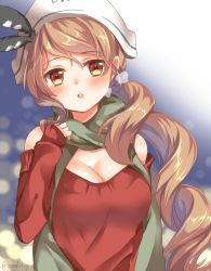 Rule 34 | 10s, 1girl, bad id, bad pixiv id, breasts, brown eyes, brown hair, cleavage, emilion, hat, kantai collection, large breasts, littorio (kancolle), long hair, off-shoulder, off-shoulder sweater, off shoulder, open mouth, ponytail, scarf, solo, sweater