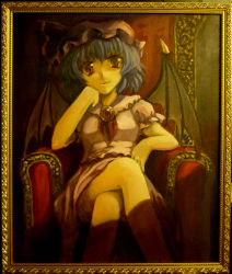 Rule 34 | 1girl, armchair, bat wings, blue hair, chair, fang, female focus, hat, highres, image sample, oil painting (medium), painting (medium), puyocha, red eyes, red upholstery, remilia scarlet, sitting, smile, throne, touhou, traditional media, wings