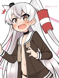 Rule 34 | 1girl, ^^^, amatsukaze (kancolle), ataru (ataru-littlebird), black choker, black panties, blush, brown dress, choker, commentary request, cowboy shot, dated, dress, fang, flat chest, hair tubes, highres, kantai collection, long hair, nose blush, one-hour drawing challenge, open clothes, open mouth, panties, sailor dress, see-through, short dress, silver hair, smokestack hair ornament, solo, torn clothes, twitter username, two side up, underwear, white background