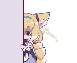 Rule 34 | 1girl, animal ear fluff, animal ears, arknights, bare shoulders, blonde hair, blue hairband, braid, braided hair rings, chibi, commentary, english commentary, fox ears, fox girl, fox tail, green eyes, hair rings, hairband, kitsune, kurotofu, kyuubi, looking at viewer, multiple tails, peeking out, purple skirt, shaded face, shirt, simple background, skirt, solo, staring, suzuran (arknights), tail, white background, white shirt