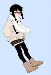 Rule 34 | 1girl, alternate costume, bespectacled, black hair, black thighhighs, blue background, blush, boots, braid, brown cardigan, brown footwear, cardigan, closed mouth, d.y.x., glasses, hands in pockets, kantai collection, kitakami (kancolle), long hair, long sleeves, plaid, plaid shorts, purple eyes, red-framed eyewear, scarf, shorts, sidelocks, simple background, single braid, solo, thighhighs, white scarf