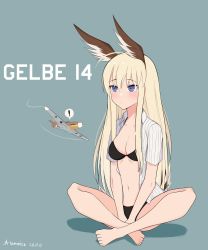 Rule 34 | !, 1girl, atamonica, barefoot, bf 109, blonde hair, blue background, blue eyes, blush, breasts, cleavage, collarbone, collared shirt, commentary, crossed arms, english commentary, hair between eyes, hanna-justina marseille, head wings, highres, korean commentary, long hair, medium breasts, mixed-language commentary, navel, open clothes, open shirt, original, shirt, sidelocks, sitting, solo, spoken exclamation mark, strike witches, striped clothes, striped shirt, wings, world witches series